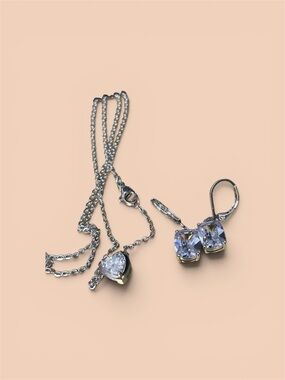 Silver Heart Pendant Necklace and Cubic Zirconia Drop Earrings - Silver